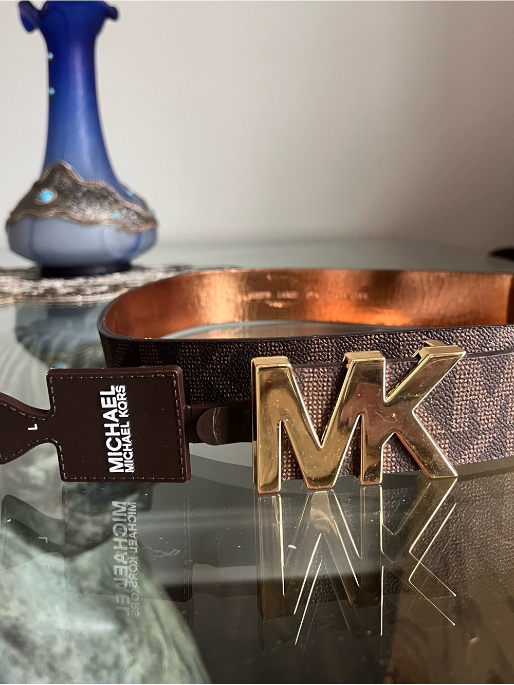Michael Kors Brown Logo Belt with Gold MK Buckle